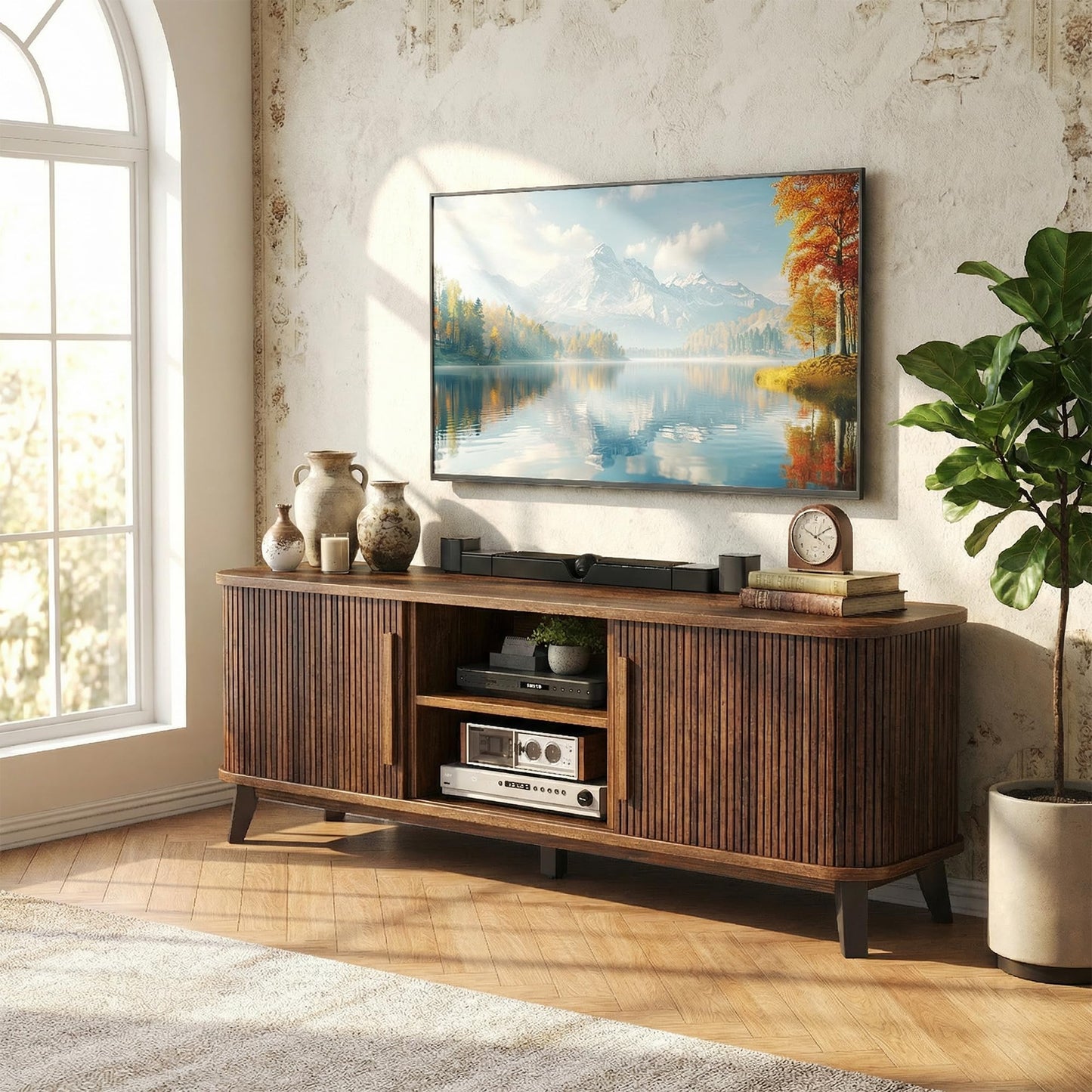 66" Mid Century Modern TV Stand, Wood Curved Entertainment Center for TVs up to 80" with Sliding Doors & Adjustable Shelves, Media Console with Storage & Solid Wood Leg for Living Room, Walnut