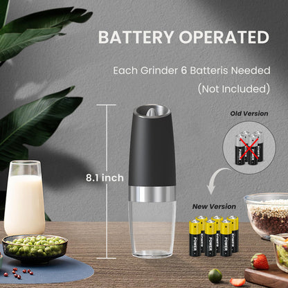BELRIGO Battery Operated Salt And Pepper Grinder Set with LED Light, Automatic Electric Gravity Salt And Pepper Shakers Set, Each 6 AAA Batteries Needed, Adjustable Roughness, 2 Pack (Black)