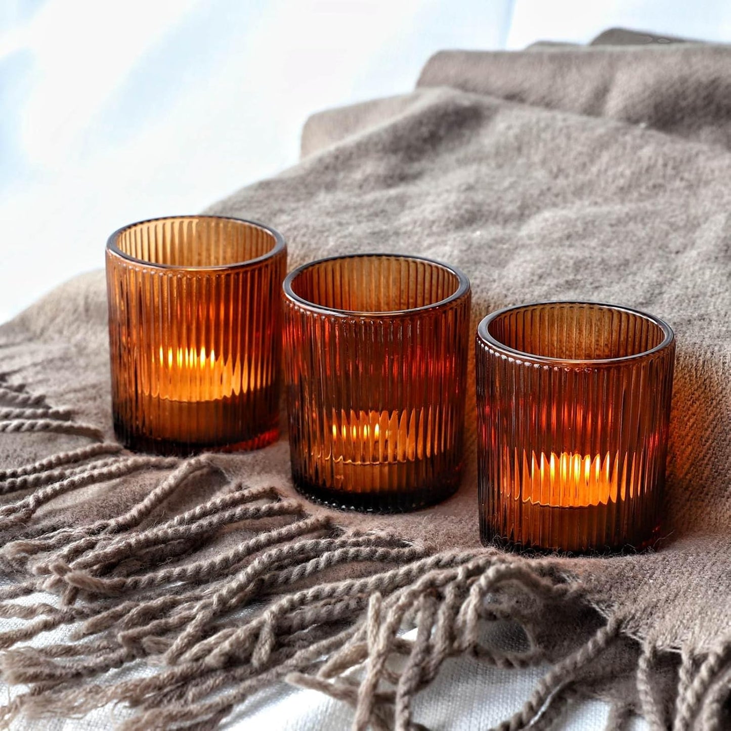 24pcs VOHO Votive Candle Holders Bulk Wedding Centerpieces for Tables, Amber Tea Lights Candle Holder for Home/Fall