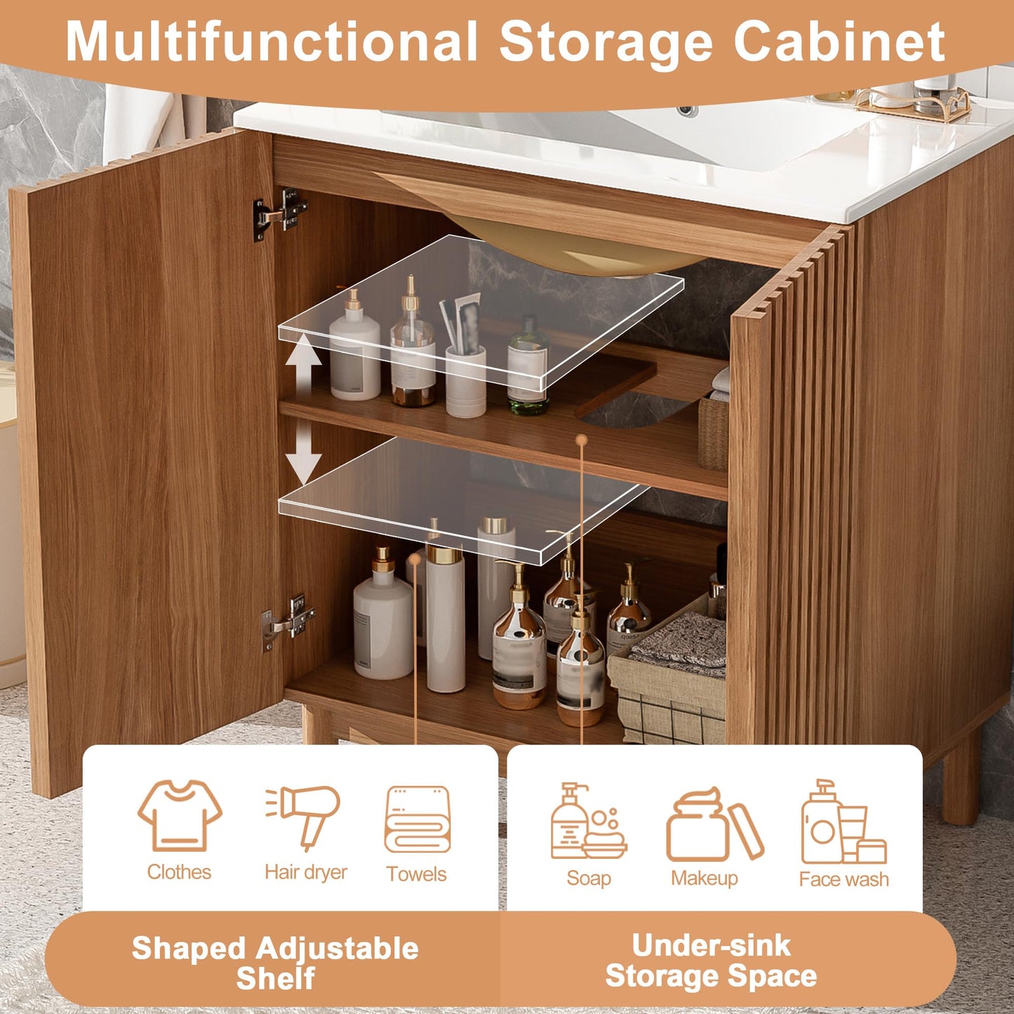 Merax 29.9" Bathroom Vanity with Ceramic Sink, Solid Wood Legs, MDF Cabinet, U-Shaped Adjustable Shelf, Space-Saving Bathroom Storage Cabinet, Traditional American Style