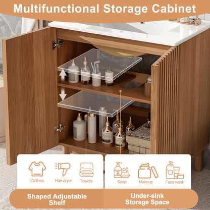Merax 29.9" Bathroom Vanity with Ceramic Sink, Solid Wood Legs, MDF Cabinet, U-Shaped Adjustable Shelf, Space-Saving Bathroom Storage Cabinet, Traditional American Style