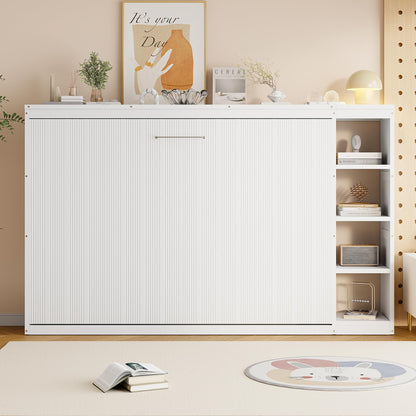 GDFStudio Boden Full Size Murphy Bed, Full Size Murphy Bed with Bookshelf, 4 Storage Shelves, Ample Storage Space, Organized as Cabinet, Saving Space Design, Perfect for Small Apartment, White