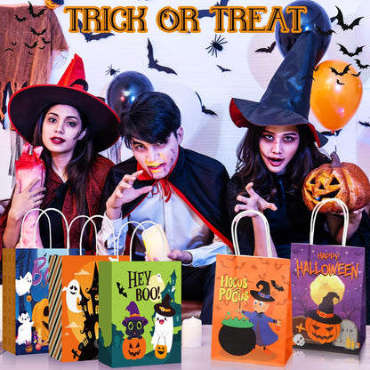 Yeaqee 48 Pcs Halloween Treat Bags Paper Gift Bags with Handles for Candy Snack Goodie Summer Halloween Party Favor Supplies(Cartoon)