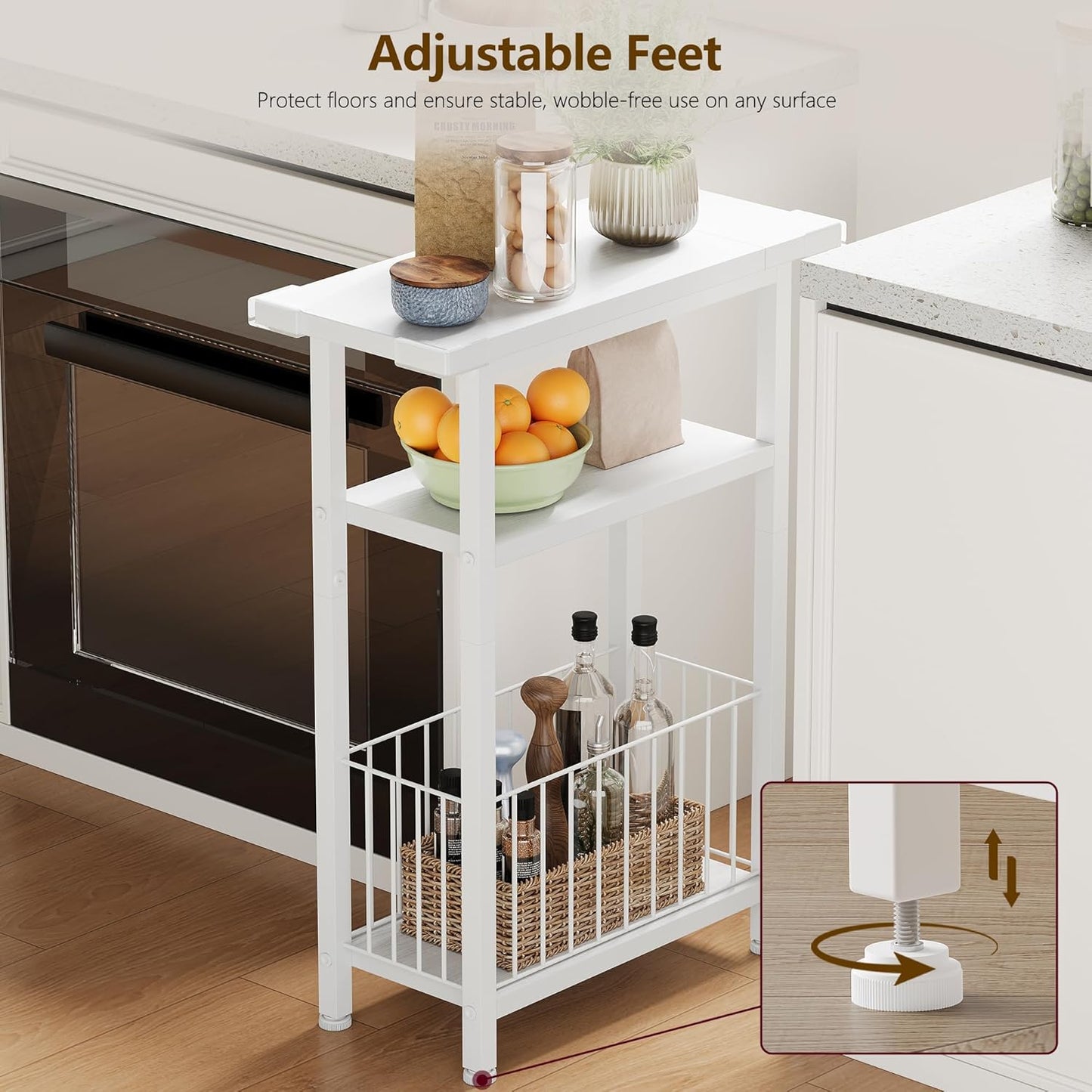 25.2" HET004WT1 Heybly Small Narrow Side Table for Small Space, Thin Bedside Table with Storage Basket, Skinny End