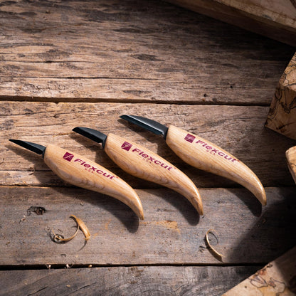 Flexcut Wood Carving Knives | Starter Set of 3 Woodcarving Knives | 1095 High Carbon Steel Blades | Ergonomic Ash Wood Handles for Beginners and Hobbyists | KN500 | Made in the U.S.A