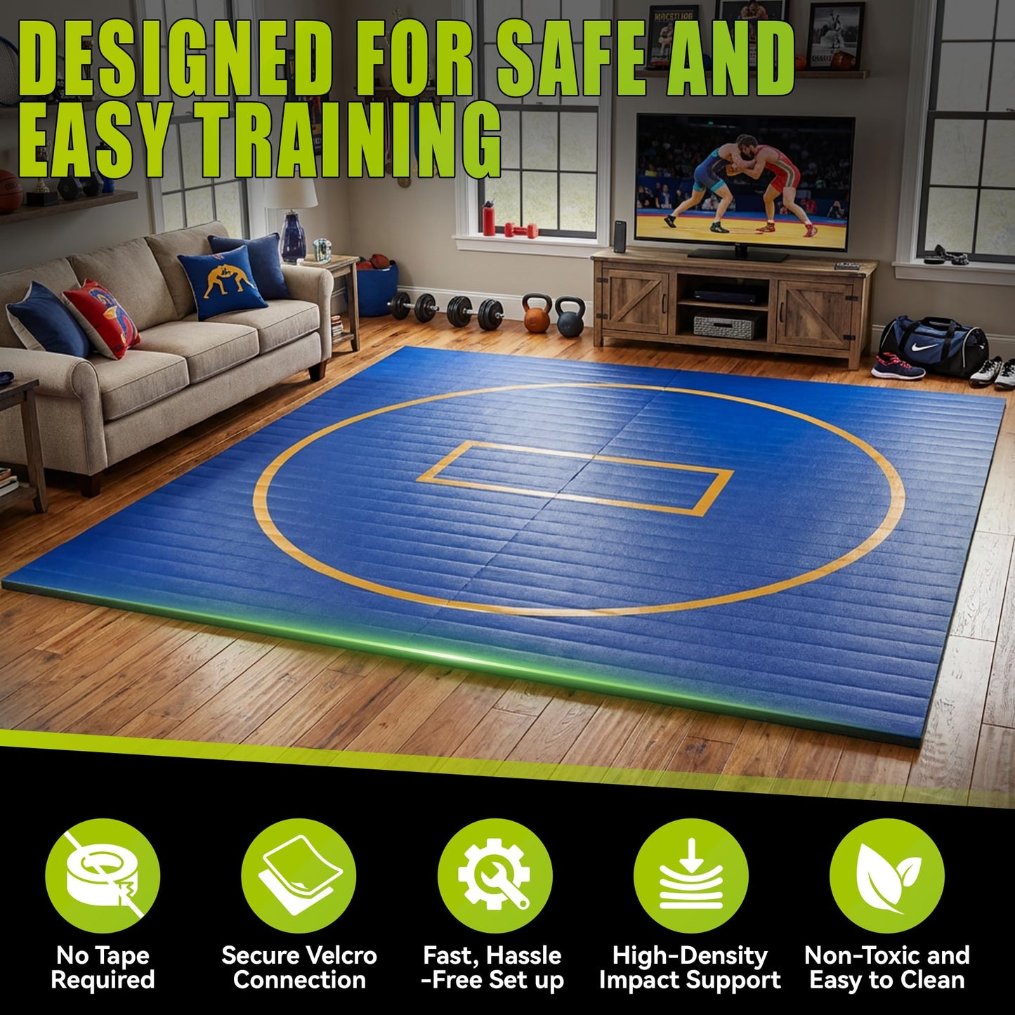 AORSUS 10ft x 10ft Wrestling Mat for Home, 1.25" High-Density EVA Foam Roll-Up Grappling Mat – Professional BJJ, MMA, Judo Training Surface – Portable Roll-Out Gymnastics Mat for Home Gym & Dojo, Blue