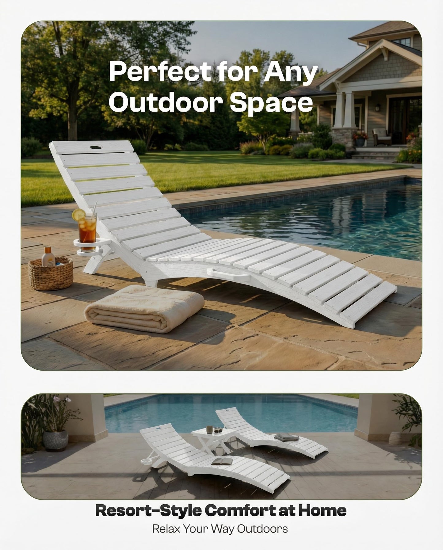 Tobeos Folding HDPE Pool Lounge Chairs Set of 2, Pre-Assembled Outdoor Chaise Lounge with Cup Holder for Poolside, Tanning Ledge, Pool Deck or Beach, Sandbag Not Included (White)