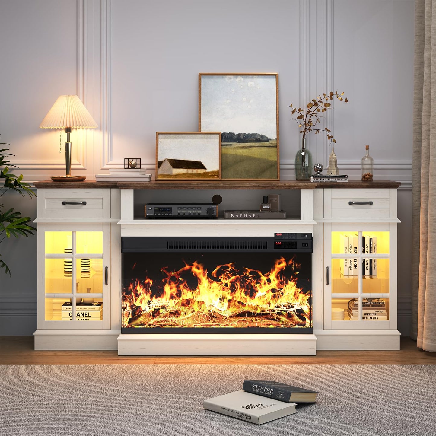 OneBlis 70" TV Stand with 36" Electric Fireplace, Entertainment Center Console Table for TV up to 80'', Fireplace TV Stand with Open Storage Shelves and Glass Door for Living Room, White