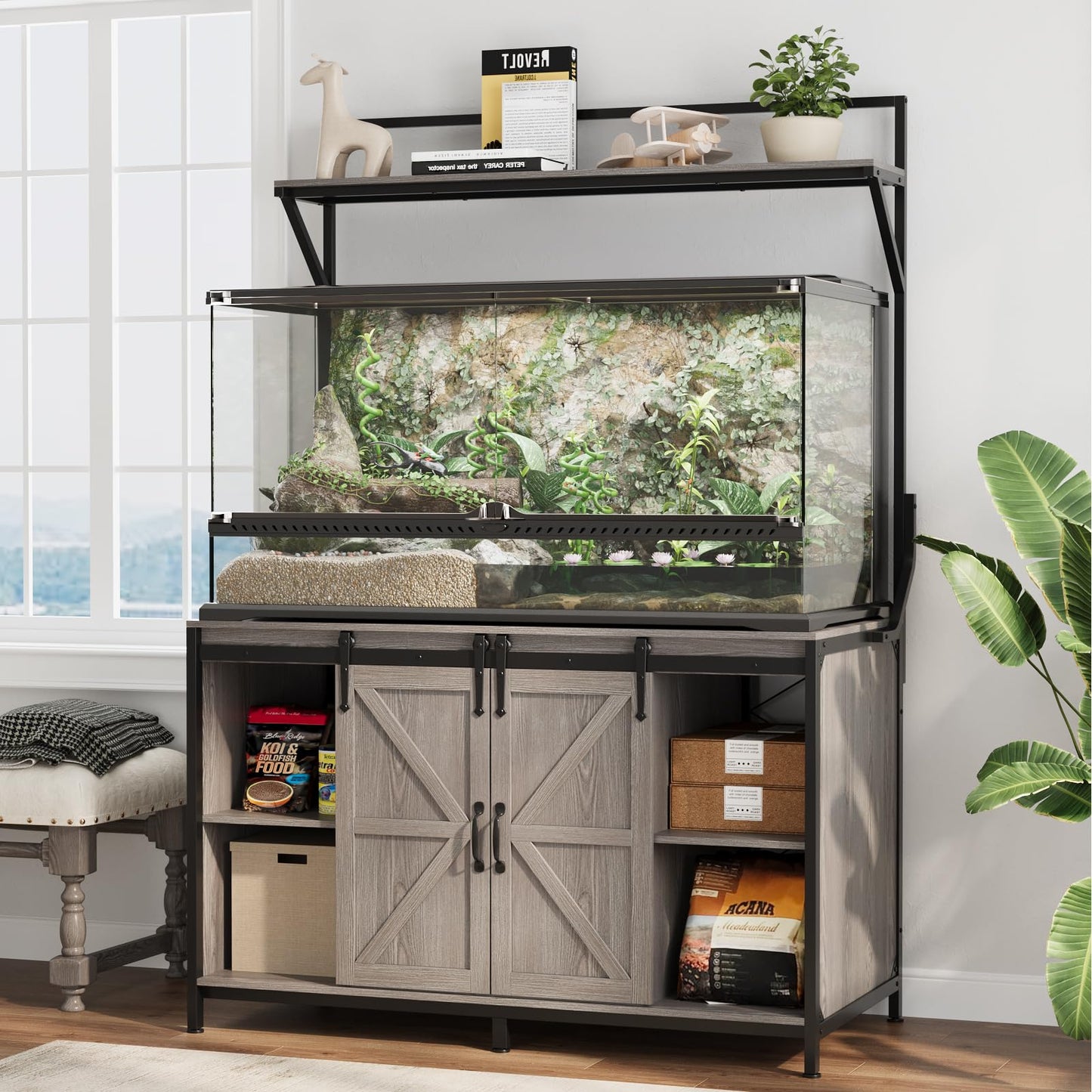 VOWNER Farmhouse Reptile Tank Stand with Power Outlet, 48" X 24" Tabletop Fits up to 120 Gallon Bearded Dragon Tank, Heavy Duty Aquarium Stand with Storage Cabinet, Reptile Turtle Terrarium Stand Grey