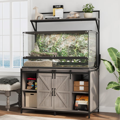 VOWNER Farmhouse Reptile Tank Stand with Power Outlet, 48" X 24" Tabletop Fits up to 120 Gallon Bearded Dragon Tank, Heavy Duty Aquarium Stand with Storage Cabinet, Reptile Turtle Terrarium Stand Grey
