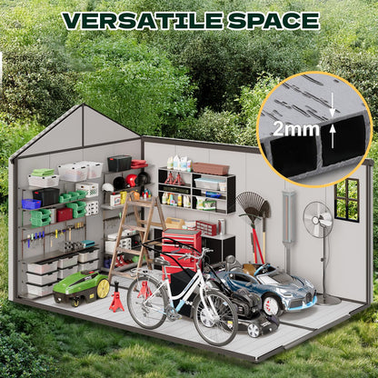 DNYKER 8 x 12 FT Resin Outdoor Storage Shed, All-Weather Plastic Garden Shed with Floor, Lockable Doors & Windows, Plastic Tool Shed for Poolside, Backyard, Patio