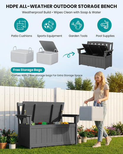 SERWALL HDPE Outdoor Storage Bench, All-Weather, UV-Resistant Deck Box with Waterproof Storage Bags, 57 Gallon Dual-Use Seat & Organizer Deck Boxes for Patio, Garden Tools & Pool (Gray)