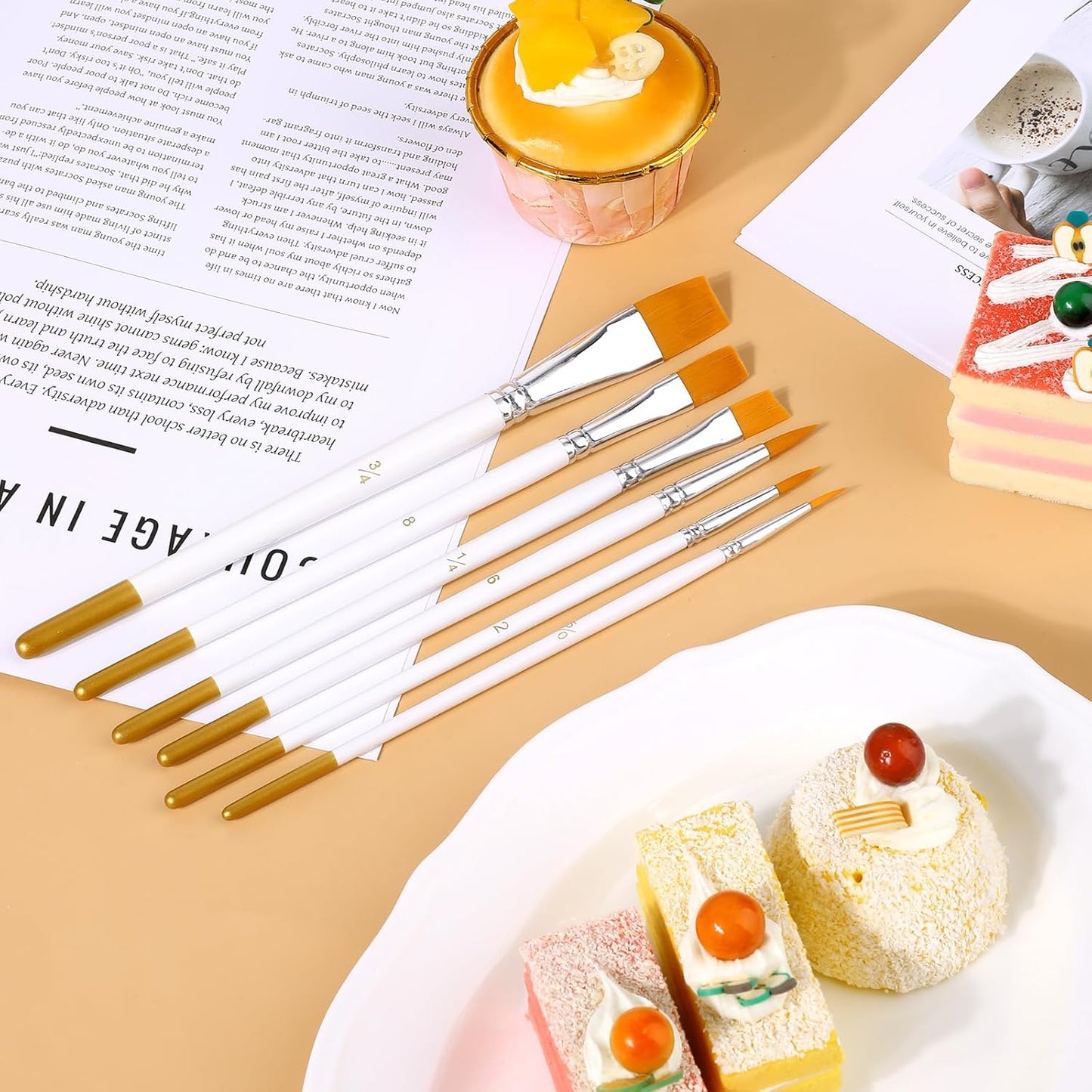 Cake Painting Brushes, 6Pcs Food Paint Brush with White Pole Nylon Hair for Cake Decorating, DIY Multifunction Cookie