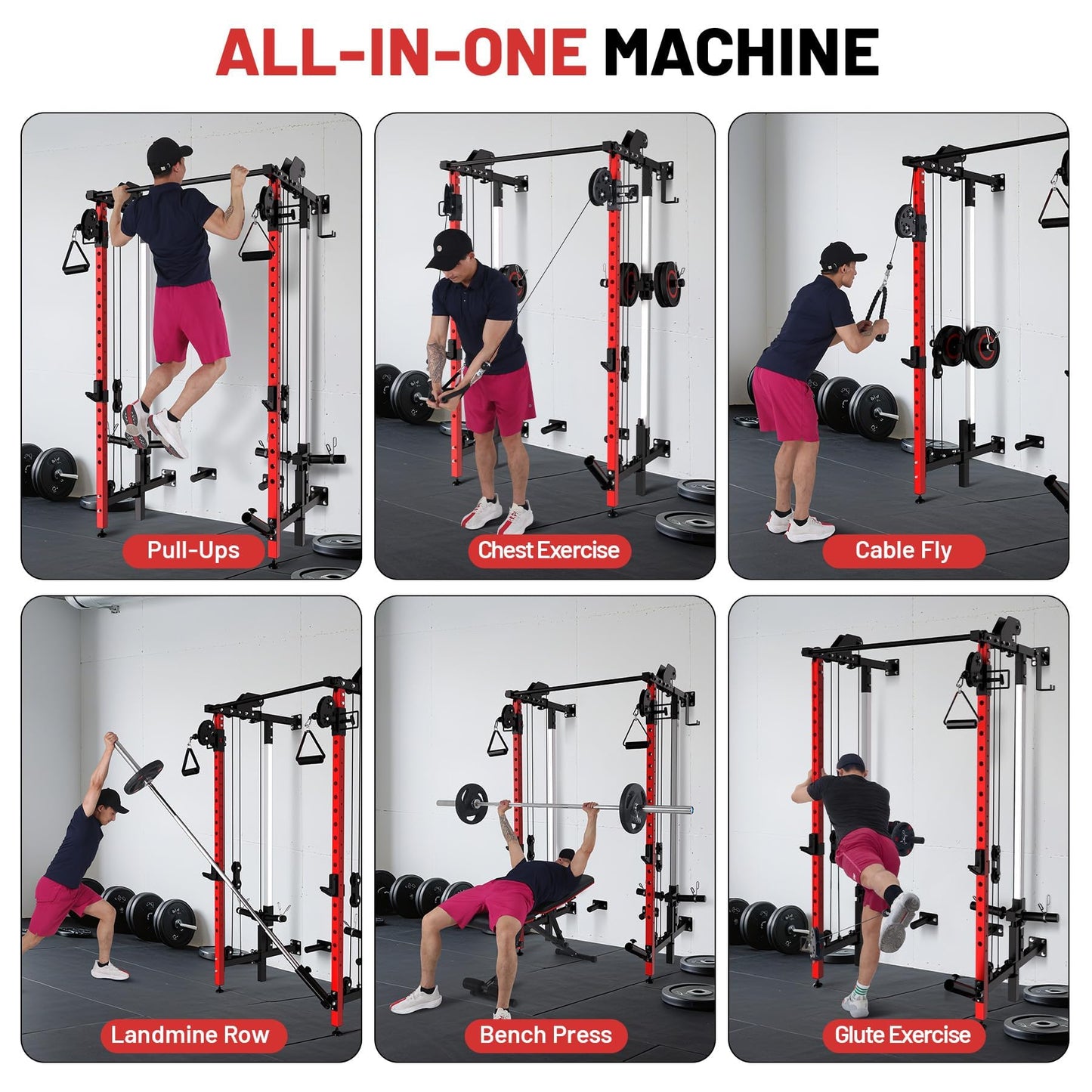 GarveeHome Folding Squat Rack, Wall Mounted Power Rack with Dual Pulley System & Pull Up Bar, Fitness Equipment for Home Gym, Garage, Apartment