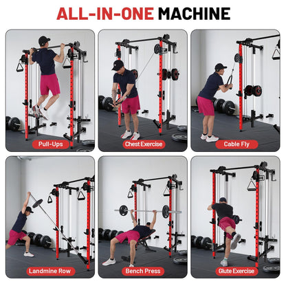 GarveeHome Folding Squat Rack, Wall Mounted Power Rack with Dual Pulley System & Pull Up Bar, Fitness Equipment for Home Gym, Garage, Apartment