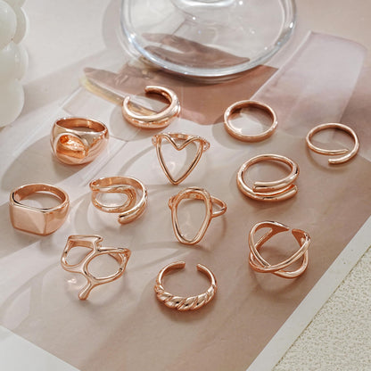 FAXHION 12PCS Gold Stackable Rings Set for Women, 18K Gold Plated Open Stacking Knuckle Ring, Adjustable Chunky Signet Band Statement Ring for Gift