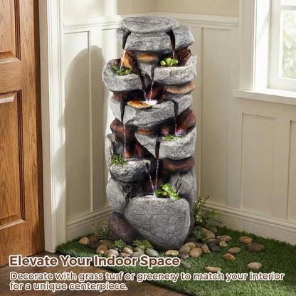 40" H Outdoor Water Fountain, Cascading Rock Waterfall Fountain with 6 White LED Lights, 7-Tiers Large Water Feature for Outdoor, Garden Water Fountain for Patio, Yark, Deck, Porch, Home Decor