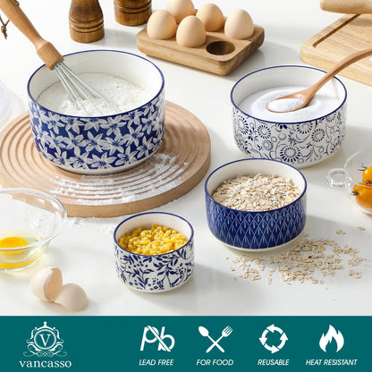 vancasso Ceramic Nesting Bowls with Lids Set of 4, Serving Bowls for Food Storage, Prep Bowl, Ceramic Bowl for Kitchen, Microwave & Dishwasher Safe, 60+36+20+10 Oz, Series SELENE
