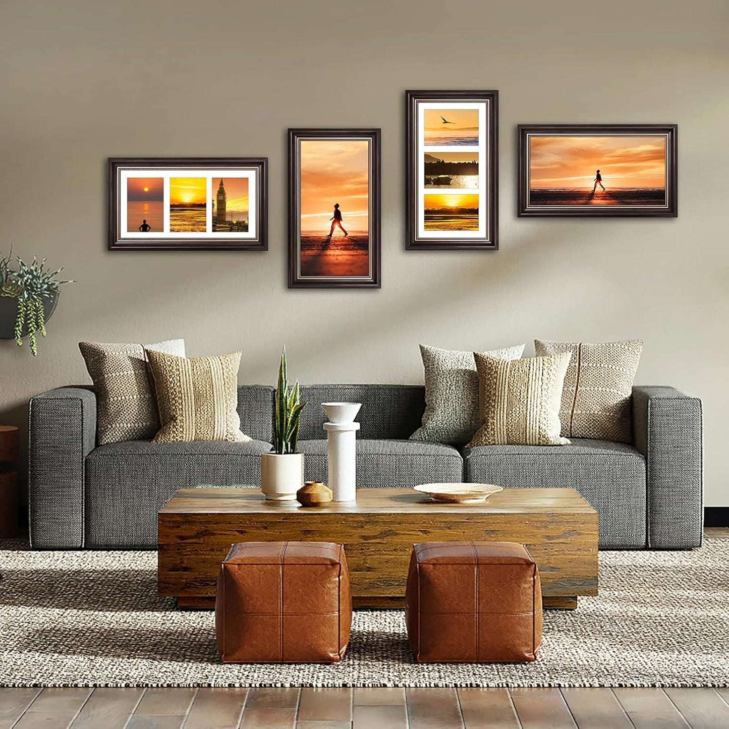 Space Art Deco 7x14 Collage Picture Frame with 3 Openings for Three 4x6 Photos or 7x14 Prints, Dark Brown/Ornate Gold