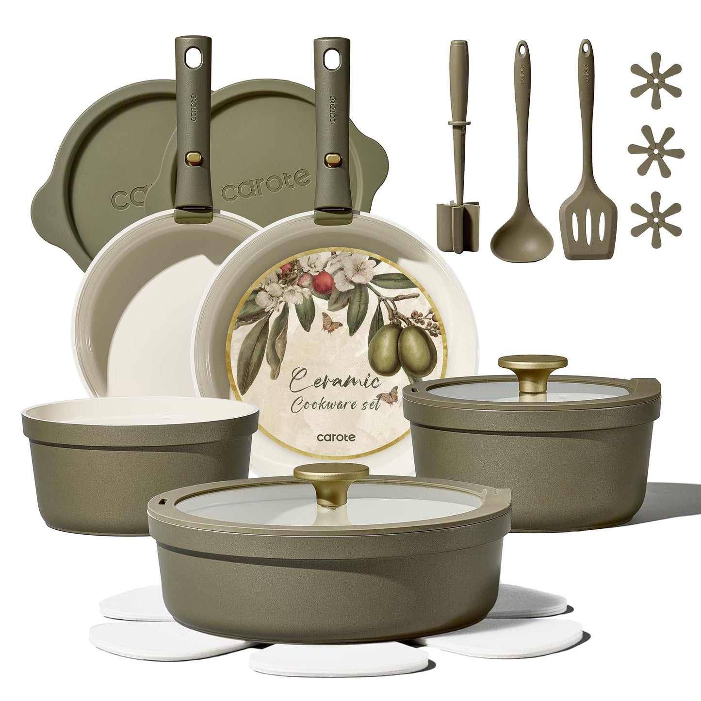 Carote 21pcs Ceramic Cookware Set with Detachable Handles, Pots and Pans Set Non Stick, RV Kitchen Cooking Pot and Pan, Dishwasher Safe, Non-toxic Induction Cookware PFAS and PFOA Free, Olive Green