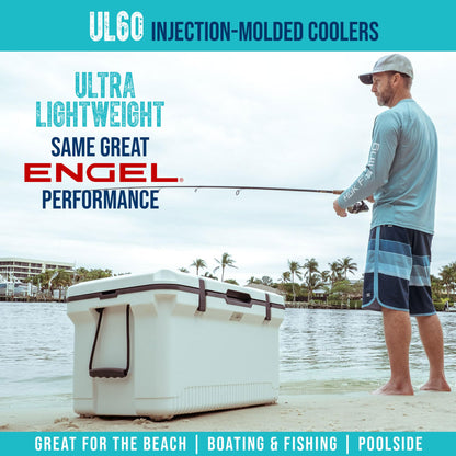 ENGEL 60 QT Ultra-Light Injection Molded Cooler - Ice Chest Keeps Ice up to 7 Days - Large Cooler Includes Wire Basket, Divider and Built-in Bottle Opener - Gray with Dark Grey Interior (Haze Grey)
