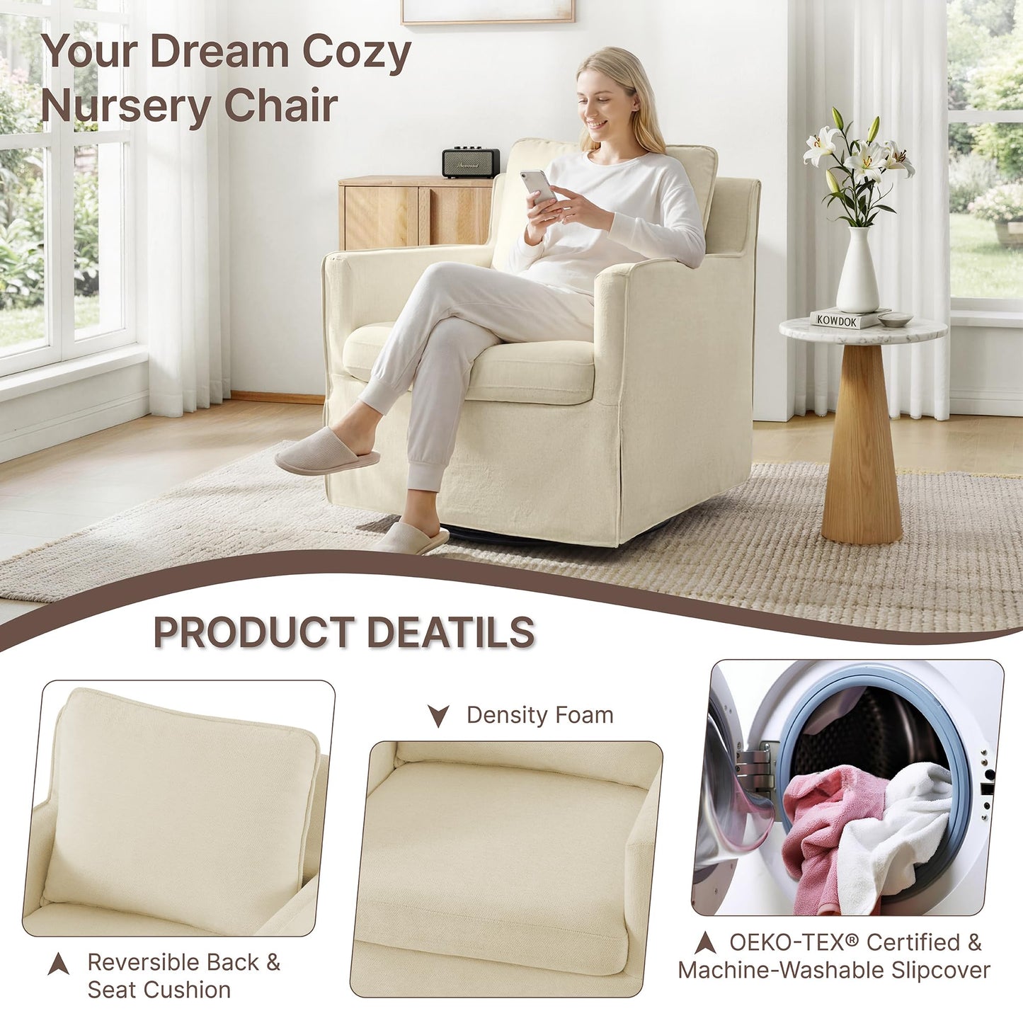 KISLOT Swivel Accent Chair Rocking Recliner 360 Degree Swivel Armchair Machine-Washable Cover for Nursery Living Room Bedroom