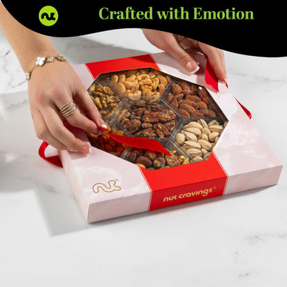 NUT CRAVINGS - Mixed Nuts Gift Basket in Red Gold Box (7 Assortments, 1 LB) Food Arrangement, Healthy Snack Care Package, Food Assortments