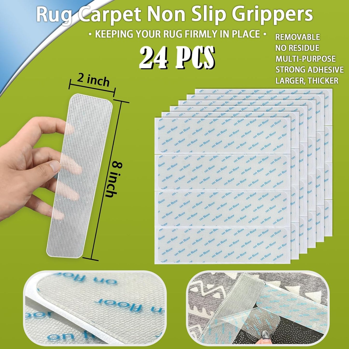 Rug Carpet Non Slip Grippers, 24Pcs Large Carpet Tape Pads, Reusable Strong Adhesive for Floor