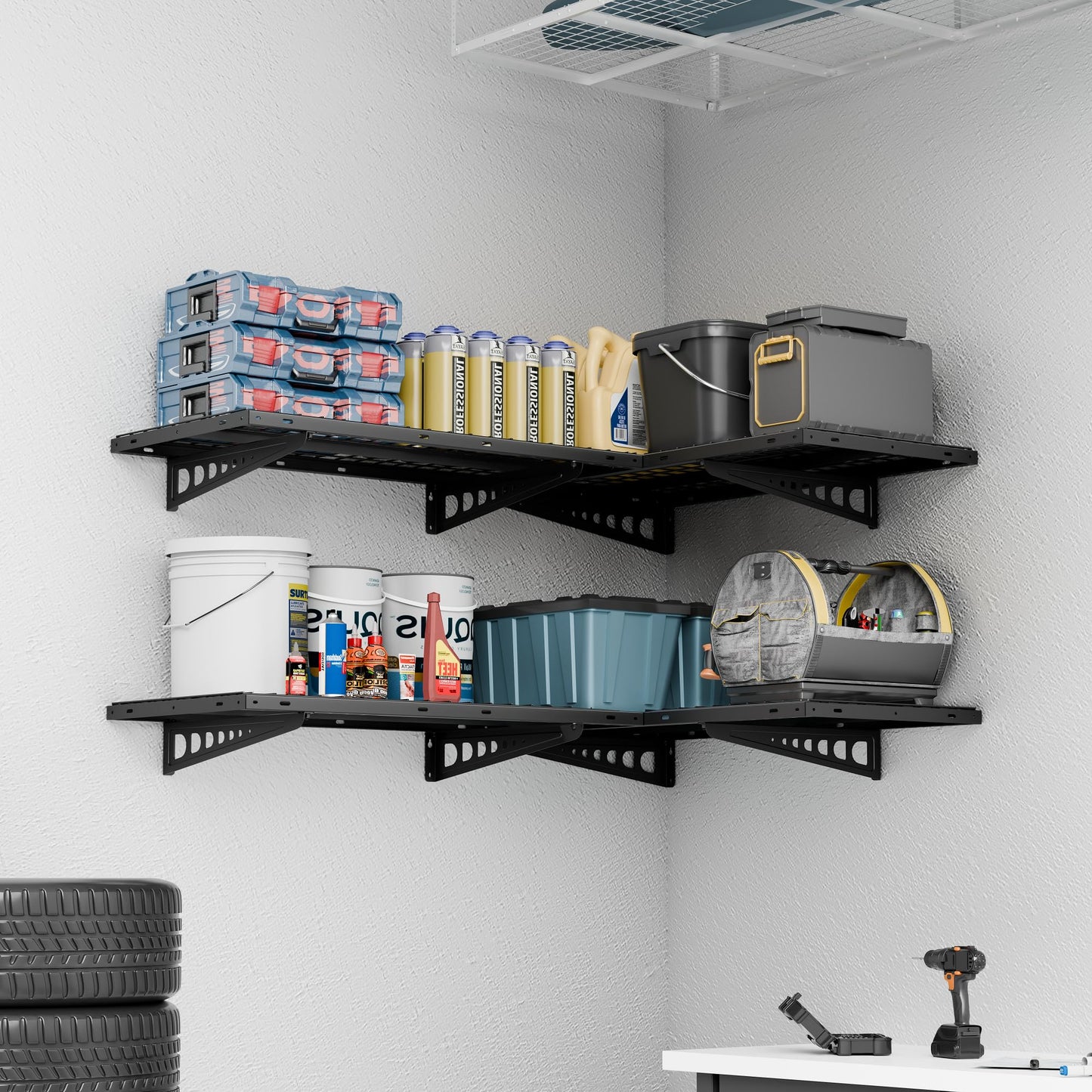 FLEXIMOUNTS 4 Pack 2x4ft Corner Wall Shelving Garage Storage Rack, 24x48 inch Floating Shelves, 1320lbs Total Weight Capacity, Black