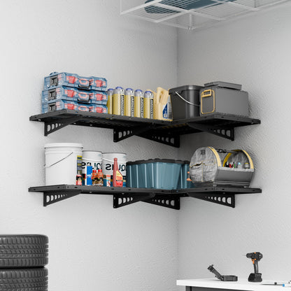 FLEXIMOUNTS 4 Pack 2x4ft Corner Wall Shelving Garage Storage Rack, 24x48 inch Floating Shelves, 1320lbs Total Weight Capacity, Black