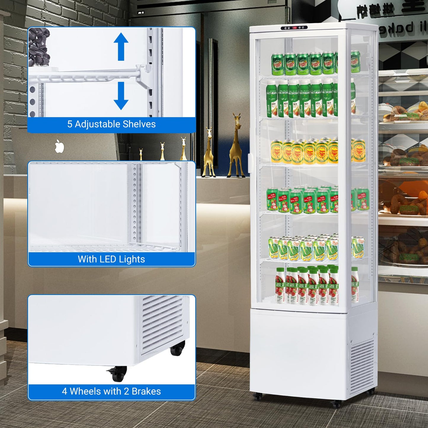 Takywep Commercial Display Refrigerator Case 10.9 Cu.ft, Floor-Standing Display Refrigerator with LED Light & Adjustable Shelves, Fridge Display Cabinet with Casters for Cakes, Coffee, Bakery, Store