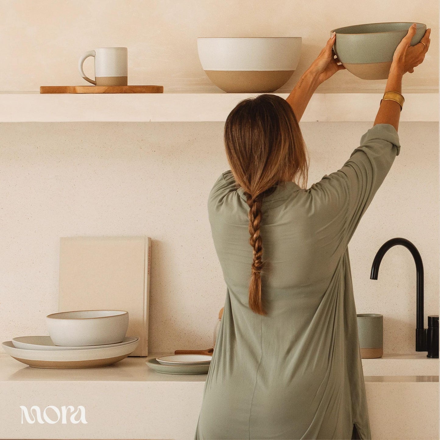 MORA Jumbo and Large Serving Dishes Set of 2, 13 inch and 12 inch Ceramic Pottery Oval Platters - Microwave, Oven and Dishwasher Safe - Oat