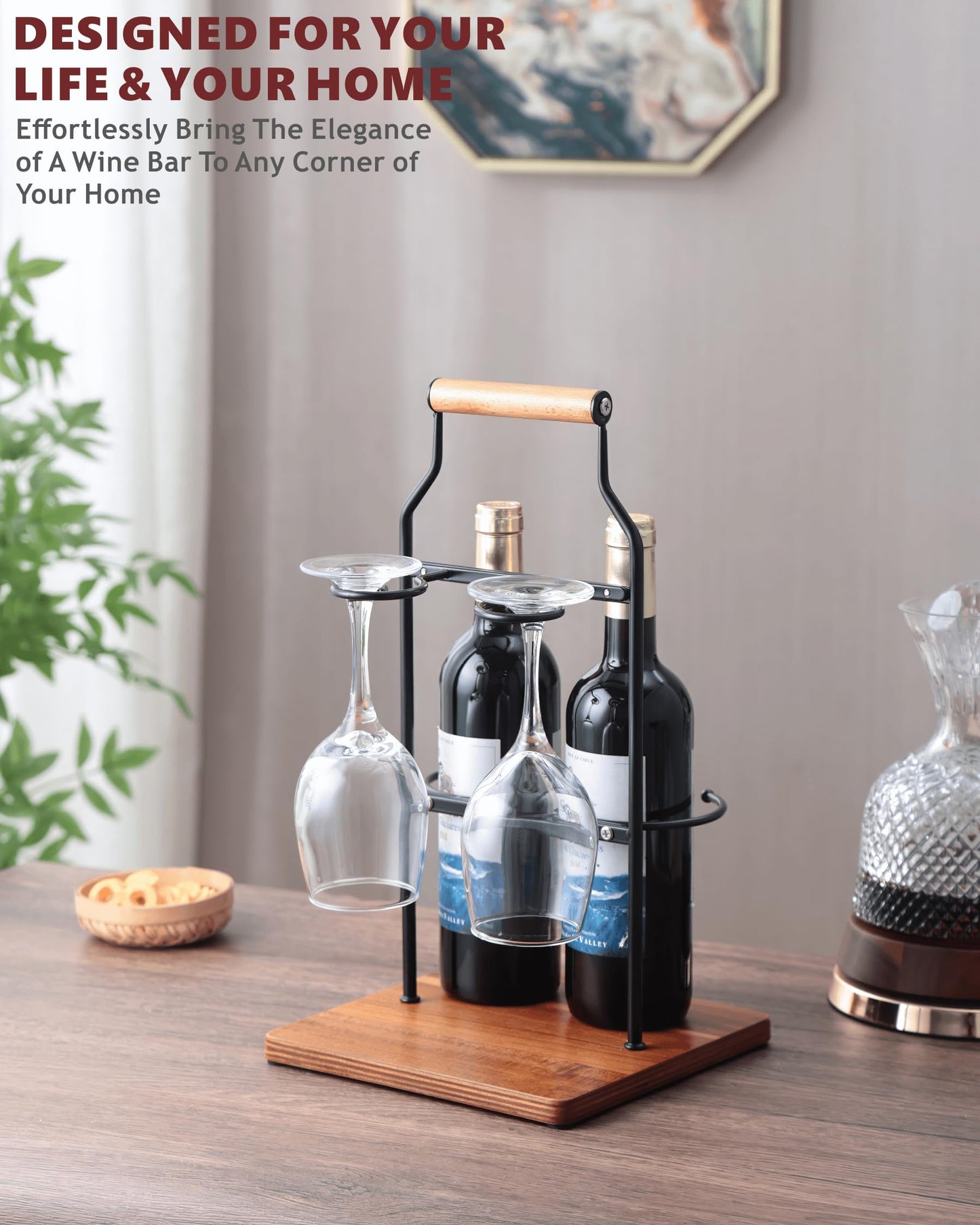 Ouseen Countertop Wine Rack and Glass Holder | Portable Wine Caddy Holds 2 Bottles & 2 Glasses | Small Wine Rack with Wood Base, Perfect for Tabletop Wine Storage & Home Bar Decor (Black)