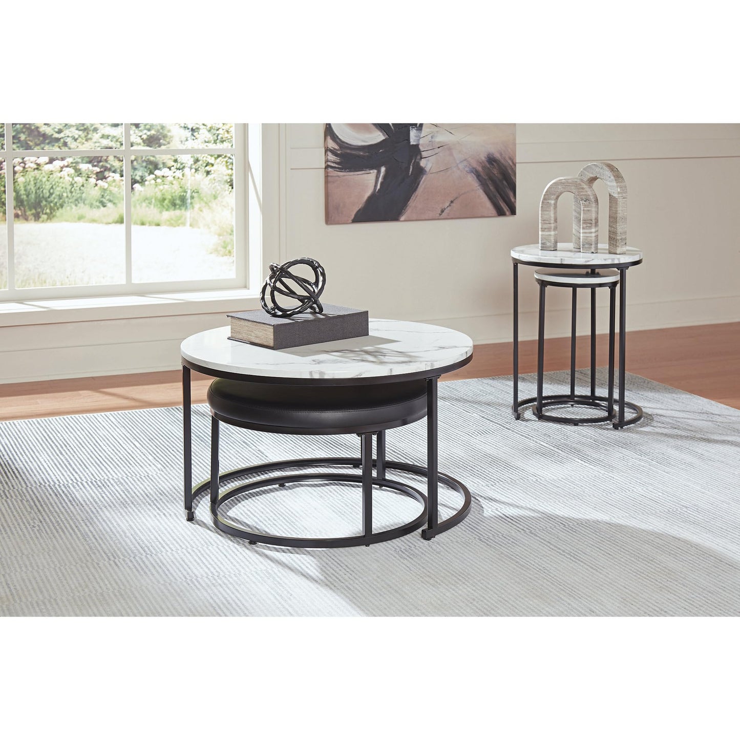 Signature Design by Ashley Jusmour Modern Nesting Table Set with Faux Leather Upholstered Ottoman, Set of 4, Black & White