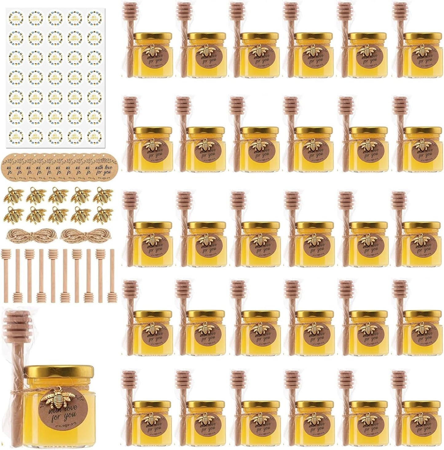 Mcupper 30 Pack 1.5 oz Mini Honey Jars with Dipper, Honey Jar Party Favors, Glass Hexagon Honey Jar for Wedding Favors