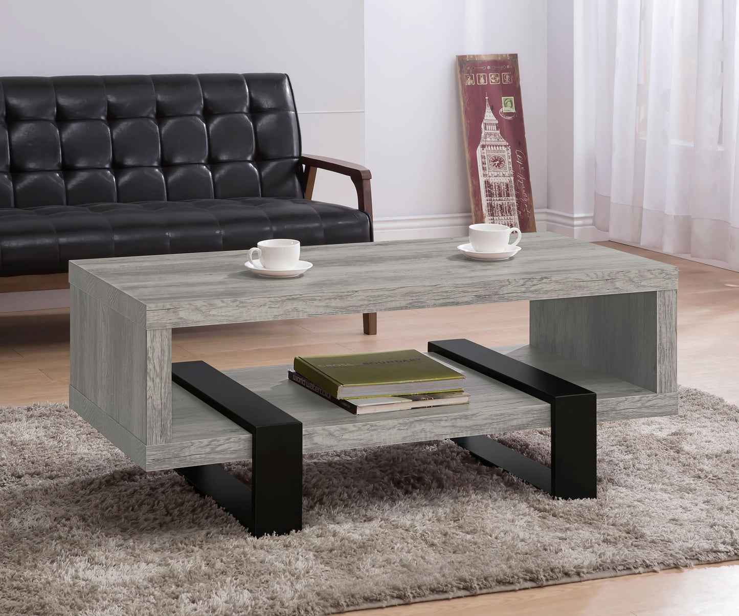 Coaster Home Furnishings - Dinard - Wood - Coffee Table with Metal Bases, Open Shelf, and Rectangular Surface - Living Room - 47-Inch - Grey Driftwood - 720878