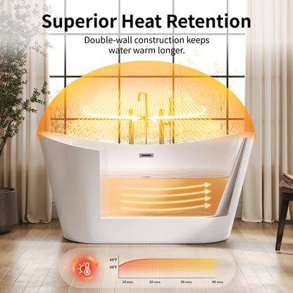 DeerValley 59" Free Standing Bathtub, Acrylic Soaking Tub with Center Drain & Integrated Overflow, Modern Standalone Shower Tub White, Deep Soaker, Ergonomic Design, DV-1T151S