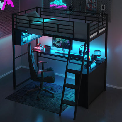Merax Twin Size Metal Loft Bed with LED, Desk, 4 Storage Shelves, Full-Length Guardrails and Ladder for Kids Teens Adults, Black