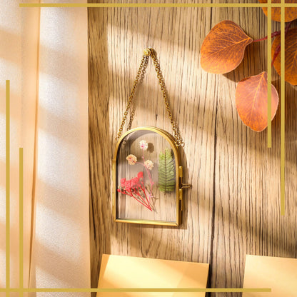 Qunclay 8 Pcs Glass Frame for Pressed Flowers 3.5 x 2.5 Inch Brass Hanging Photo Frame with Chain Arched Double Floating Picture Frames for Artwork Display DIY Dried Plant Specimen(Gold)