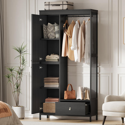 GAOMON Modern Armoire Wardrobe Closet, Wood and Metal Frame Clothes Storage Organizer with Double Closed Doors, Open Hanging Rod, Bottom Drawer, Freestanding Bedroom Furniture for Small Spaces, Black