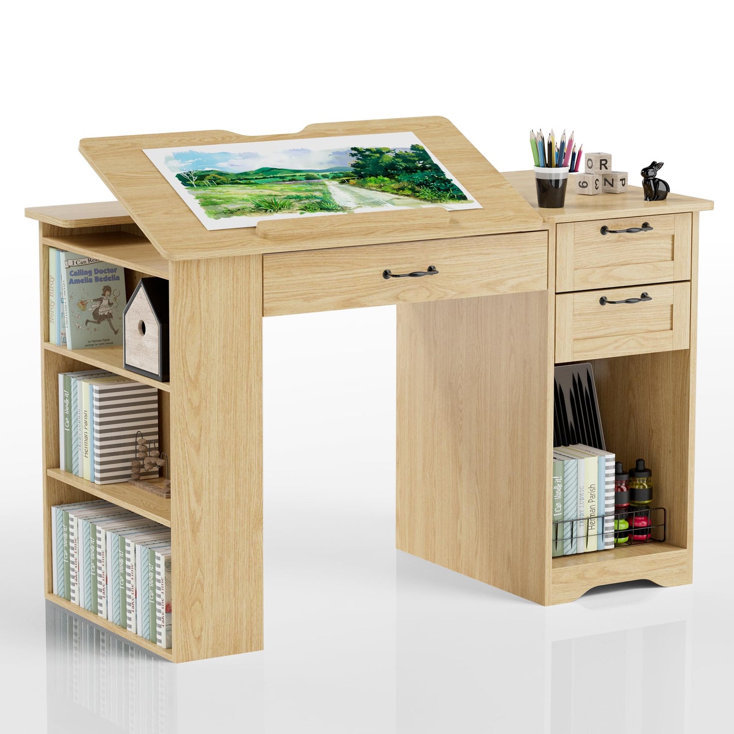 GatherHome Drafting Table with Storage Cabinet & Drawers, Adjustable Drawing Table with Open Shelves, Craft Art Desk for Artists, Painters, Drawing, Crafting, Reading, Writing, Working