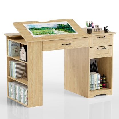 GatherHome Drafting Table with Storage Cabinet & Drawers, Adjustable Drawing Table with Open Shelves, Craft Art Desk for Artists, Painters, Drawing, Crafting, Reading, Writing, Working