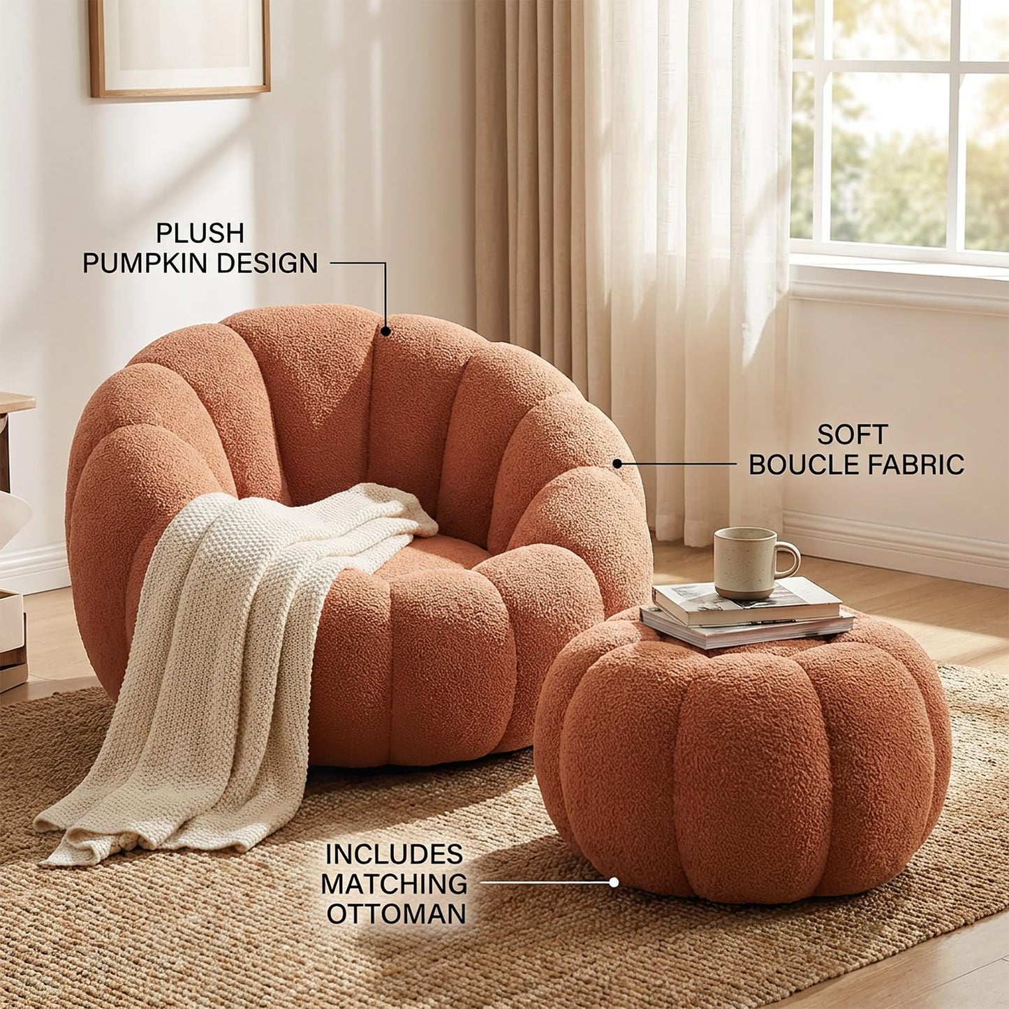 Premium Cloud Velvet Bean Bag Chair Set | 43.3" Ergonomic Pumpkin Lounger & Ottoman for Adults, Thick High-Resilience Foam, No Assembly, Compact for Living Room & Bedroom