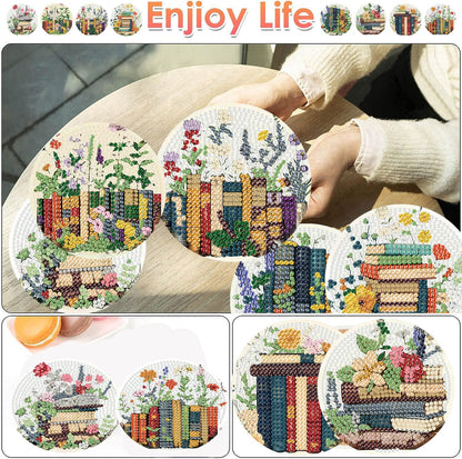 ijbnhd 8 Pcs Diamond Art Coasters Kits, Books Diamond Painting Coasters Kit with Holder, Diamonds Art Non Slip Coaster Crafts Kits for Adults Gifts 4x4 inch (Cork Wooden Pad)