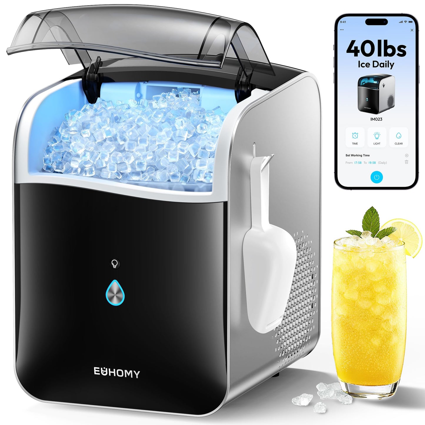 EUHOMY Smart Nugget Ice Maker Countertop, Pebble Ice Maker Machine with APP Control, 40lbs/24H, Ready in 7 Mins, Self-Cleaning, Portable Sonic Ice Makers with Hanging Ice Scoop for Home/Kitchen/Office