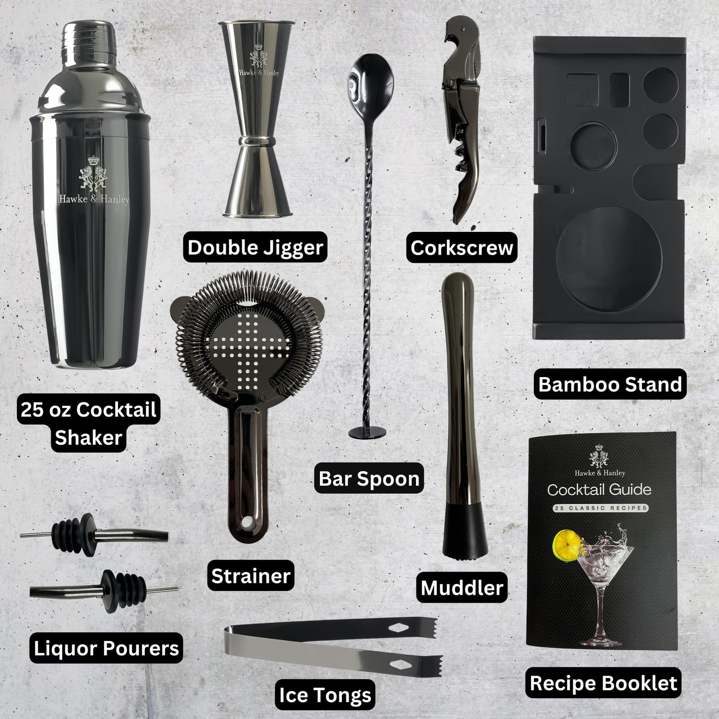 Hawke & Hanley Mixology Bartender Kit: Cocktail Shaker Bar Set with a Martini Shaker, Bar Tools and Black Bamboo Stand | Bartending Kit with Recipe Book | Unique Housewarming Gift (Black)