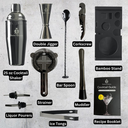 Hawke & Hanley Mixology Bartender Kit: Cocktail Shaker Bar Set with a Martini Shaker, Bar Tools and Black Bamboo Stand | Bartending Kit with Recipe Book | Unique Housewarming Gift (Black)
