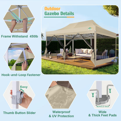 COBIZI 10x20 Canopy Tent, Heavy Duty Pop up Canopy with Sidewalls, Waterproof Easy Setup Canopy with Mosquito Netting, Outdoor Instant Screen Tents for Parties, Wedding with Roller Bag, Khaki