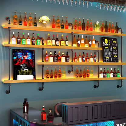 Dawselod Wall-Mounted Wine Rack with LED Lights 4-Tier Wooden Floating Bar Shelves Creative Large Wine Bottle Display Rack Hanging Shelf, for Home Bar Kitchen,Living Room (Wood, 180cm/71in)