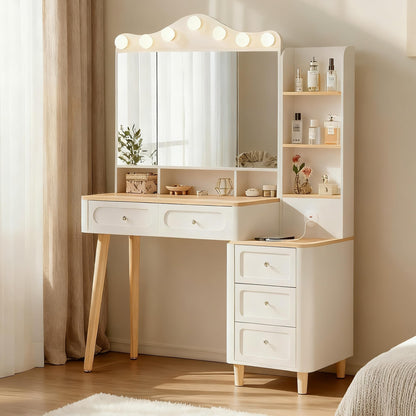 KEIKI Vanity Desk with Adjustable LED Lighted Mirror & USB Ports, Makeup Vanity Table Set with & Foldable 3-Sided Mirror & Large 5 Storage Drawers & Chest for Women and Girls Bedroom Dorm